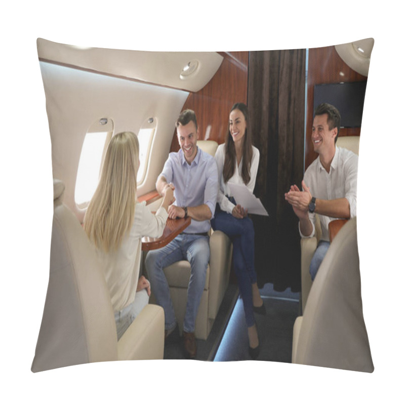 Personality  Young People Discussing Business Contract During Flight Pillow Covers