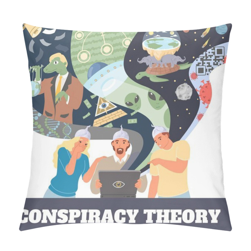 Personality  Conspiracy Theory Poster. People Characters Spreading Fake Information Vector Illustration. False Ideas About Coronavirus, Alien Attack, Microchipped Vaccines, Flat Earth, Reptilians Lizard Politician Pillow Covers