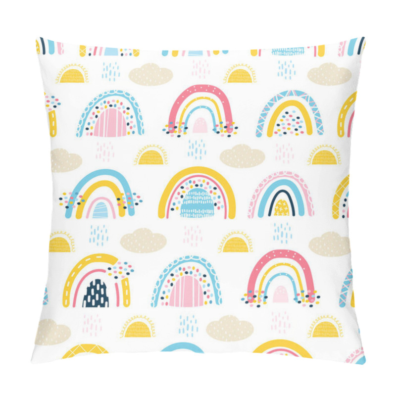 Personality  Cute Seamless Pattern With Baby Rainbows, Clouds, Sun, Rain. Stylized Child's Drawing. Design For Scrapbooking, Fabrics For Baby Clothes And Bedding. Vector Illustration Drawn By Hands Pillow Covers