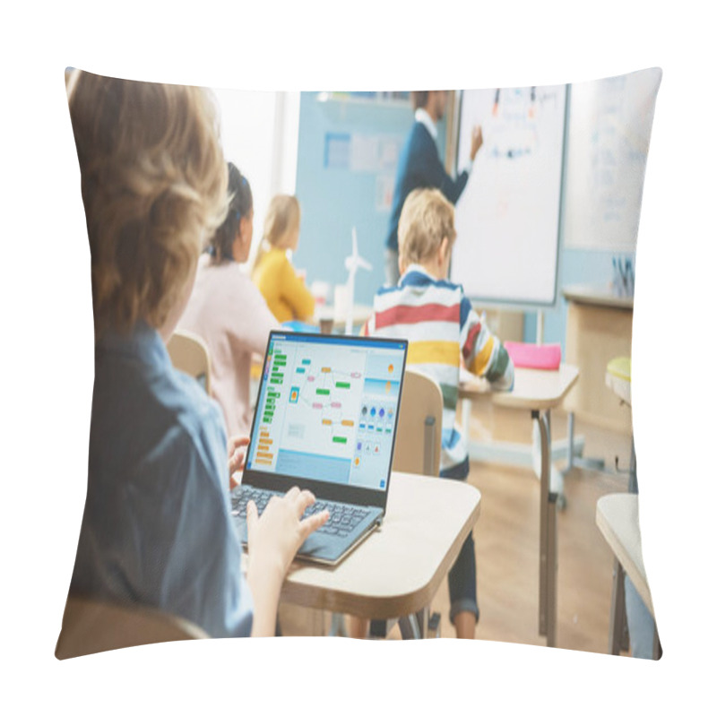 Personality  Elementary School Science Class: Over The Shoulder Little Boy Uses Laptop With Screen Showing Programming Software. Physics Teacher Explains Lesson To A Diverse Class Full Of Smart Kids Pillow Covers