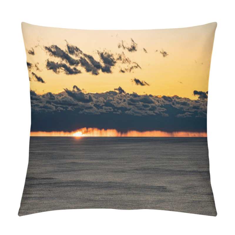 Personality  A Dramatic Sunset Over The Ocean, With Dark Clouds Partially Covering The Horizon. Fiery Orange And Yellow Hues From The Setting Sun Illuminate The Edges Of The Clouds, Contrasting With The Calm Sea Below, Creating A Powerful, Moody Seascape. Pillow Covers