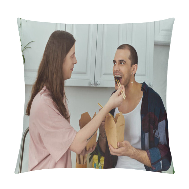 Personality  Man Lovingly Feeds A Partner In A Cozy Home Setting, Exemplifying Care And Affection Between A Gay Couple. Pillow Covers