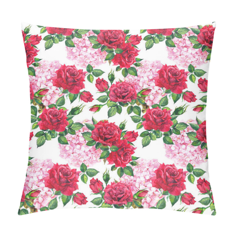 Personality  Romantic Bloom - Hydrangea, Red Roses Flowers. Seamless Summer Floral Background. Watercolor Pillow Covers