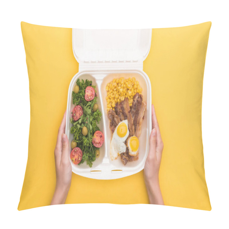 Personality  Cropped View Of Woman Holding Eco Package With Corn, Meat, Fried Eggs And Salad Isolated On Yellow  Pillow Covers