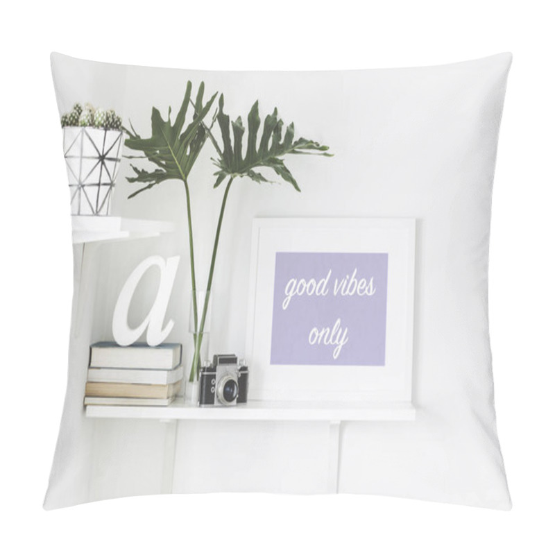 Personality  Bright White Interior Corner With Shelves And Inspirational Phrase In Frame On Wall Pillow Covers