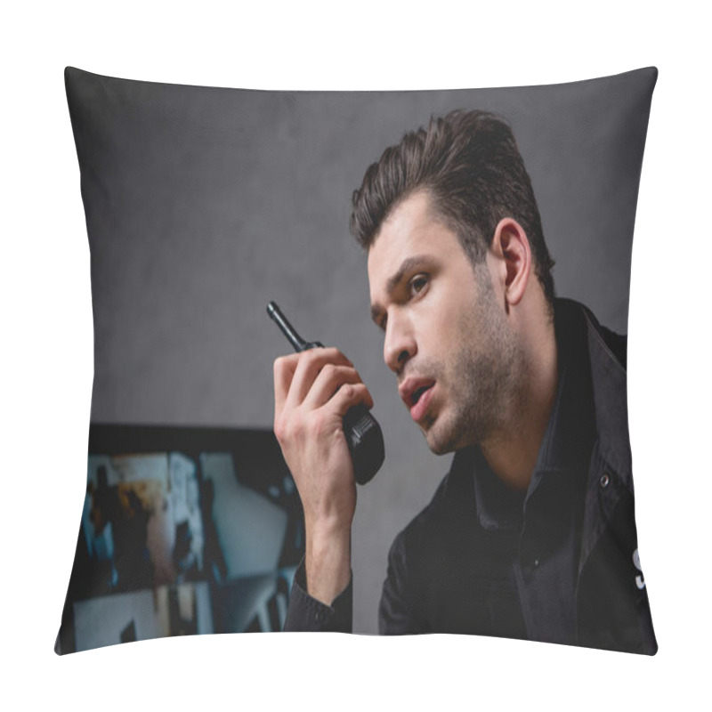 Personality  Guard In Uniform Talking On Walkie-talkie At Workplace Pillow Covers