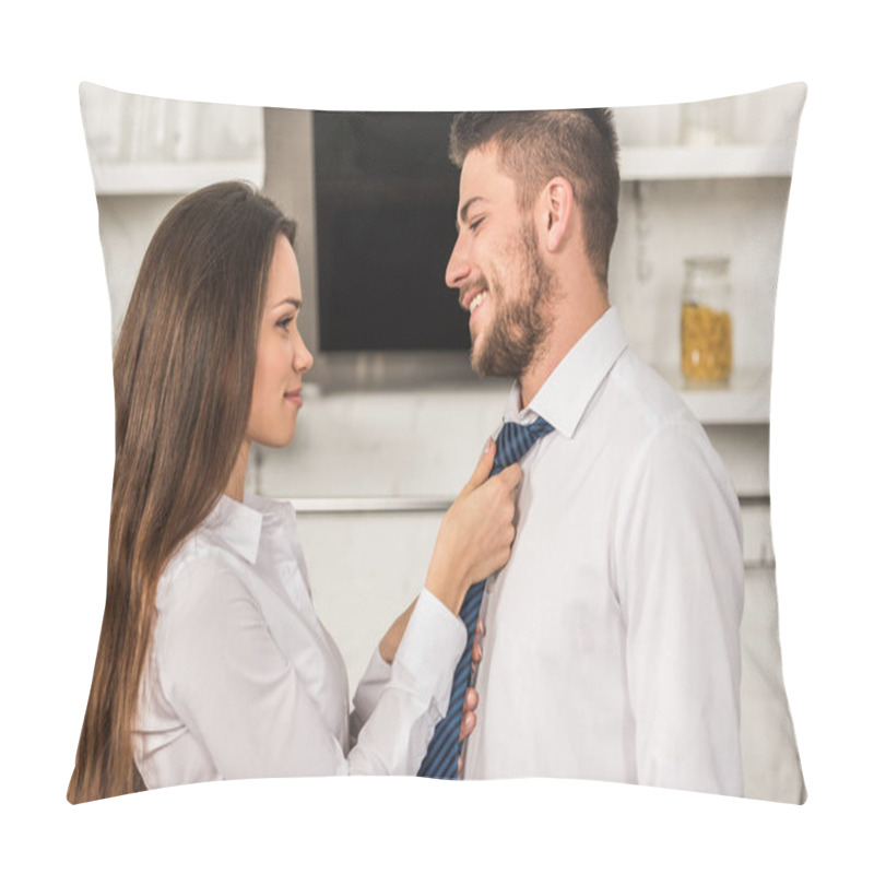 Personality  Portrait Of Girlfriend Tying Smiling Boyfriend Tie In Morning At Kitchen, Sexism Concept Pillow Covers