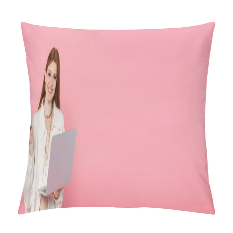 Personality  Pretty And Stylish Woman Holding Credit Card And Laptop Isolated On Pink, Banner Pillow Covers