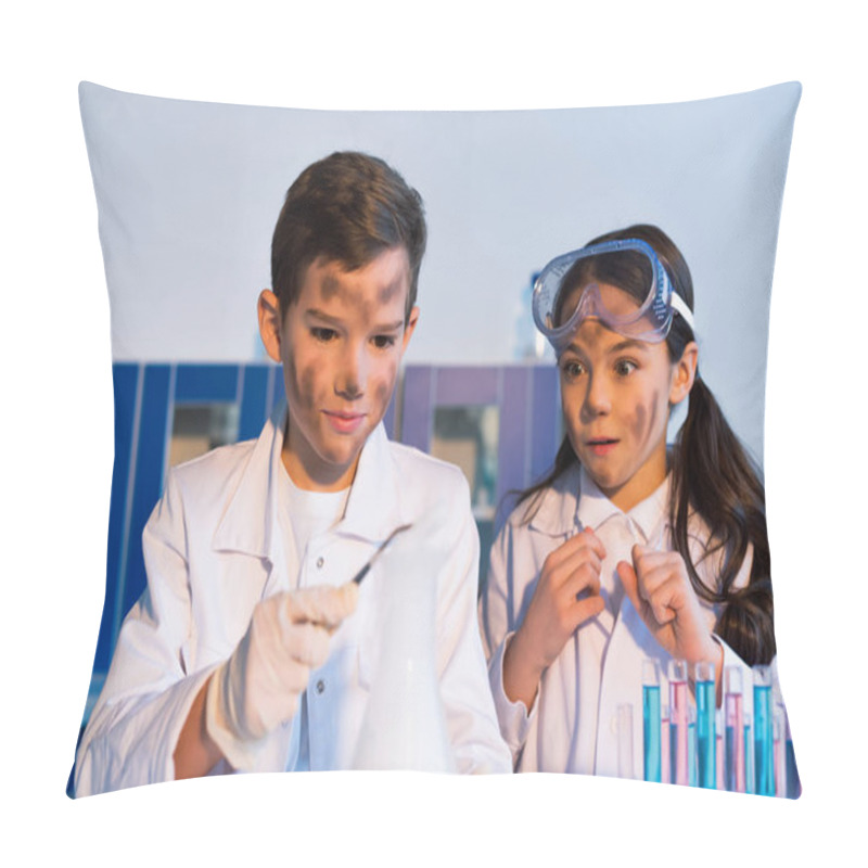 Personality  Scared Girl Looking At Blurred Tweezers In Hand Of Boy With Dirty Face In Chemical Lab Pillow Covers