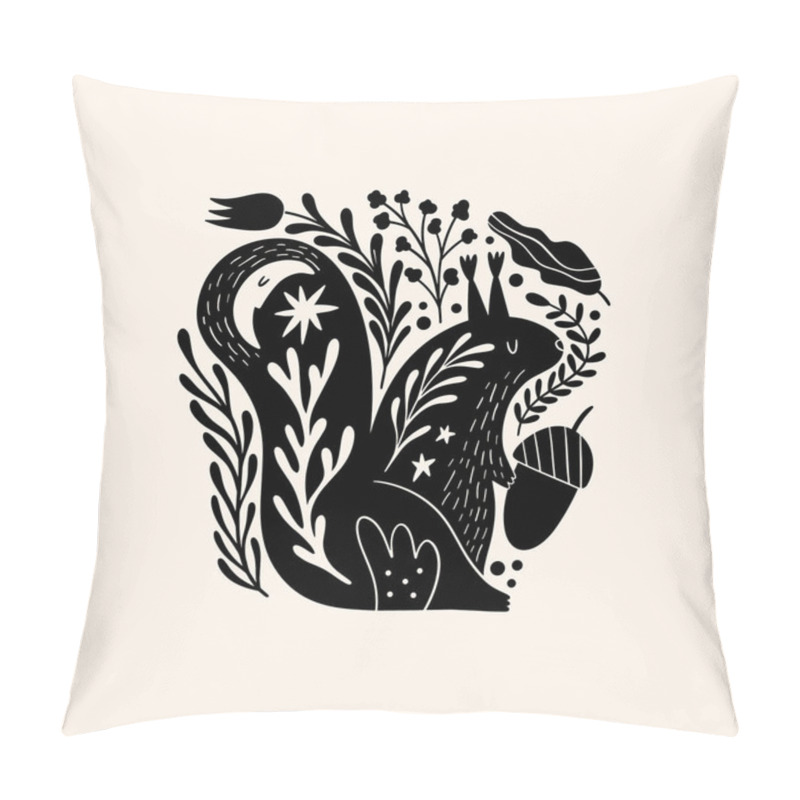 Personality  Squirrel Woodland Animal Drawing In Ornate Rural Folk Scandinavian Style. Pillow Covers