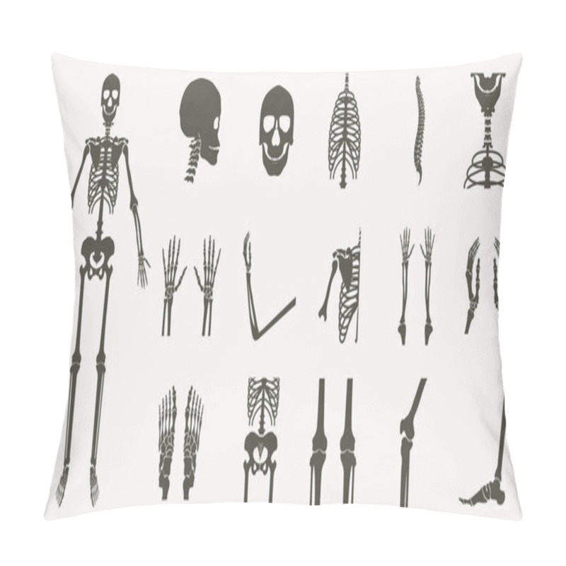 Personality  Human Bones Orthopedic And Skeleton Silhouette Collection Set On White Background, Bone X-ray Image Of Human Joints, Anatomy Skeleton Flat Design Vector Illustration. Pillow Covers