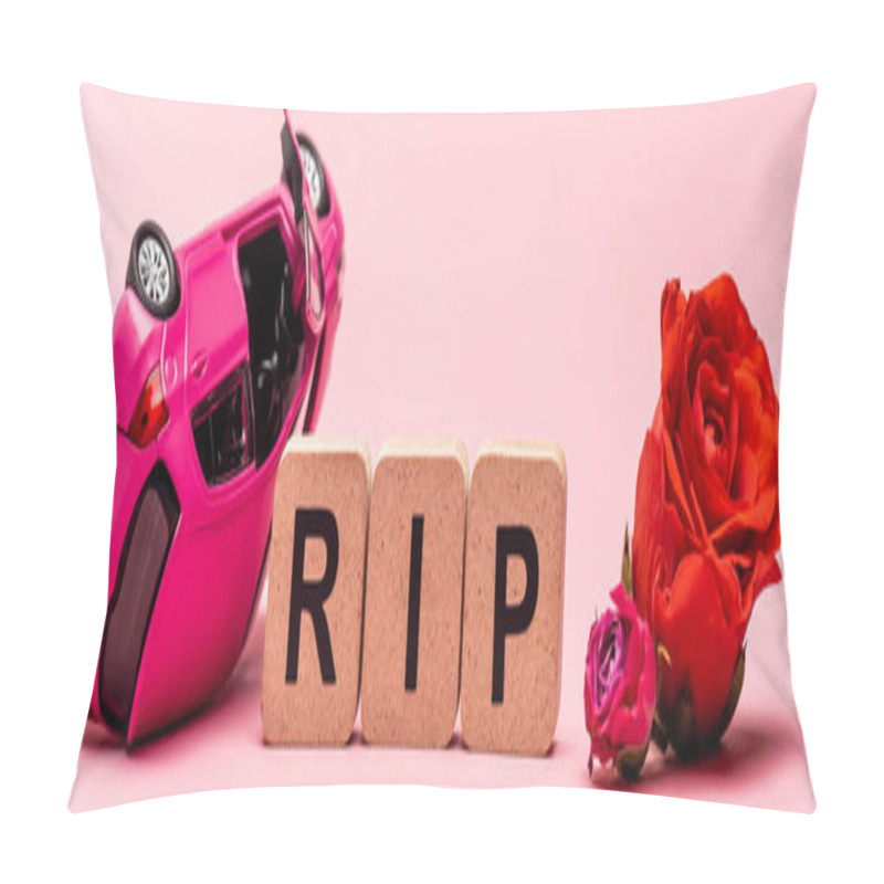 Personality  Crashed Car And Word Rip With Flowers On Pink Background, Banner Pillow Covers