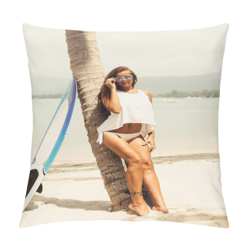 Personality  Sexy Girl On Tropical Beach With Surf Board. Pillow Covers