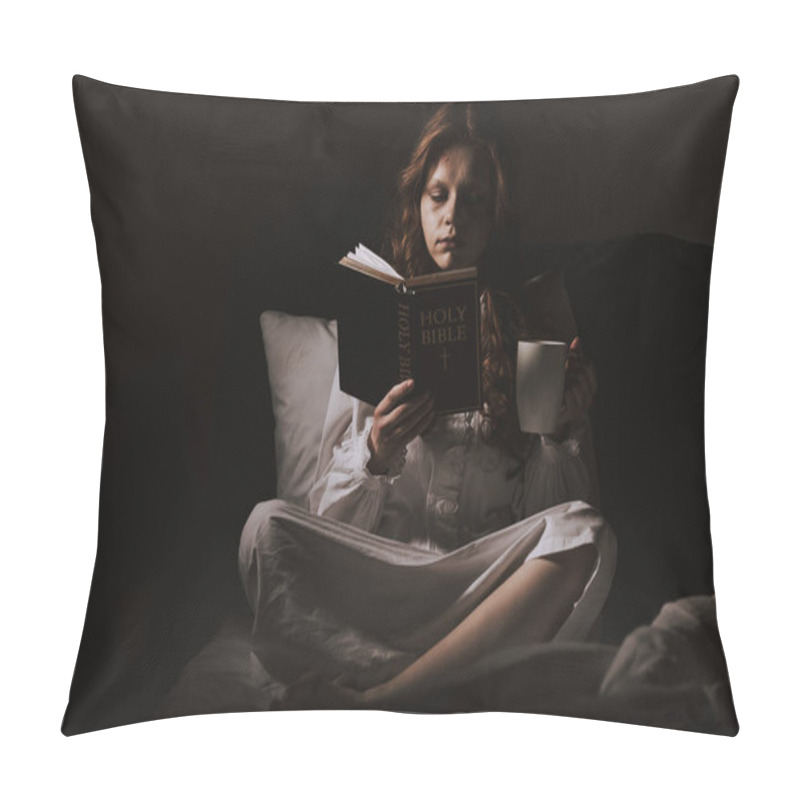 Personality  Demonic Woman In Nightgown Holding Cup And Reading Holy Bible On Bed Pillow Covers