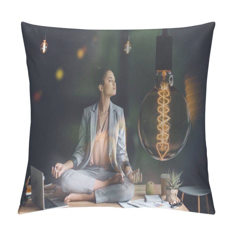 Personality  Light Bulb Representing Creative Thinking And Young Businesswoman Meditating In Lotus Position On Work Table Pillow Covers