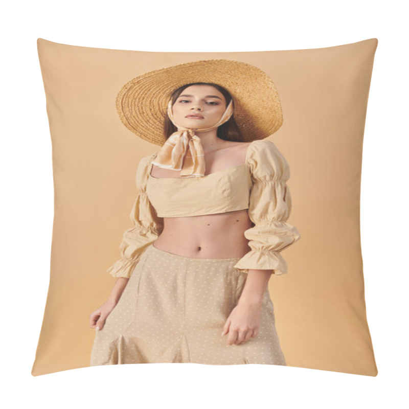 Personality  A Young Woman With Long Brunette Hair Strikes A Pose In A Straw Hat, Exuding A Summery And Carefree Vibe In A Studio Setting. Pillow Covers