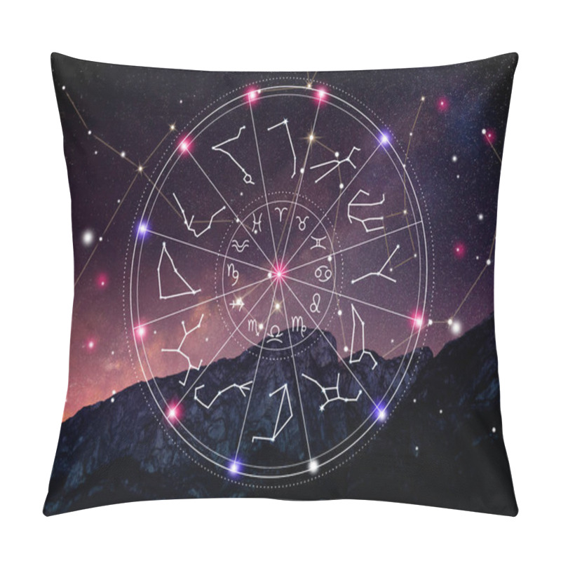 Personality  Zodiac Wheel With Symbols And Constellation Stick Figure Patterns Against Mountain Landscape Pillow Covers