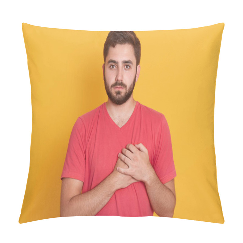 Personality  Horizontal Shot Of Handsome Man Wering Casual Outfit Isolated Over Yellow Background, Keeping Hands On Chest, Expressing Gratitude, Grateful Male Looking Directly At Camera. People Emotions Concept. Pillow Covers