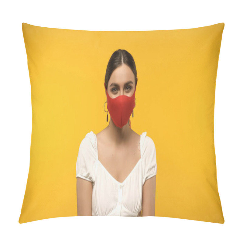 Personality  Young Woman In Protective Mask Looking At Camera Isolated On Yellow Pillow Covers