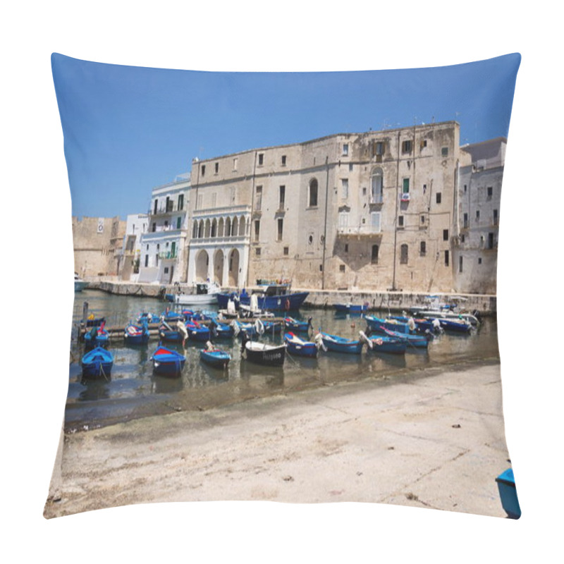 Personality  Traditional Red And Blue Fishing Boats In Monopoli Port Near Castle Of Carlo V, Apulia, Bari Province, Italy Pillow Covers