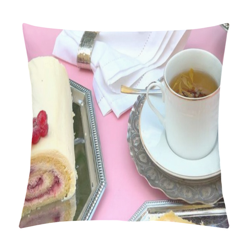 Personality  Cake Roll Arranged Near Cup, Creamy Cake Swirls Topped With Berries, Ornate Tray Enhancing Vintage Table Decor. Cup Complements The Graceful Cake Styling. Dessert Charm Concept. Pillow Covers