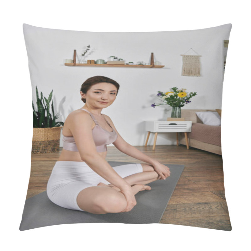 Personality  Asian Woman In Crop Top And Shorts Meditates On Yoga Mat In Modern, Well-lit Room Pillow Covers