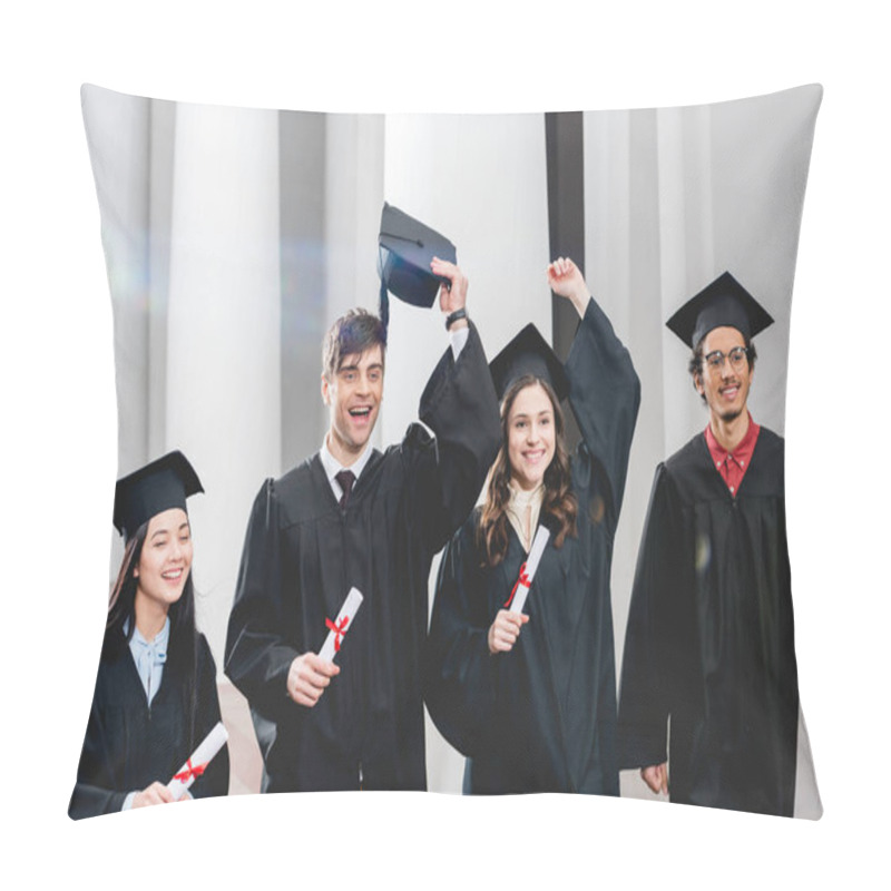 Personality  Happy Group On Students Gesturing And Celebrating Graduation While Holding Diplomas  Pillow Covers