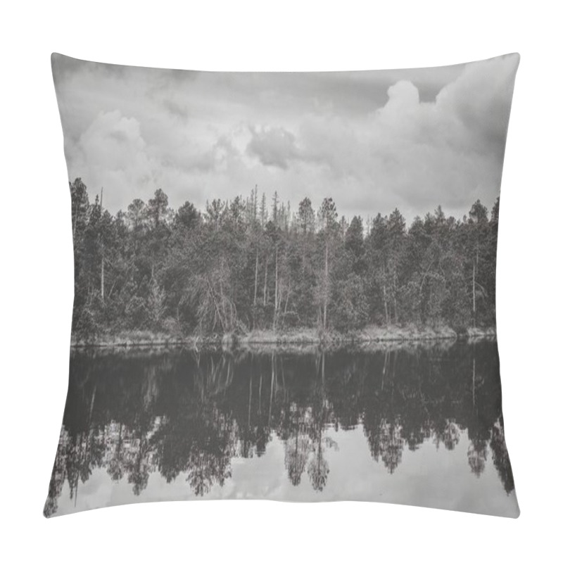 Personality  A Serene Forest Landscape Captured In Black And White, With Tall Trees And Their Reflection In The Calm Water Of A Black Lake. Pillow Covers