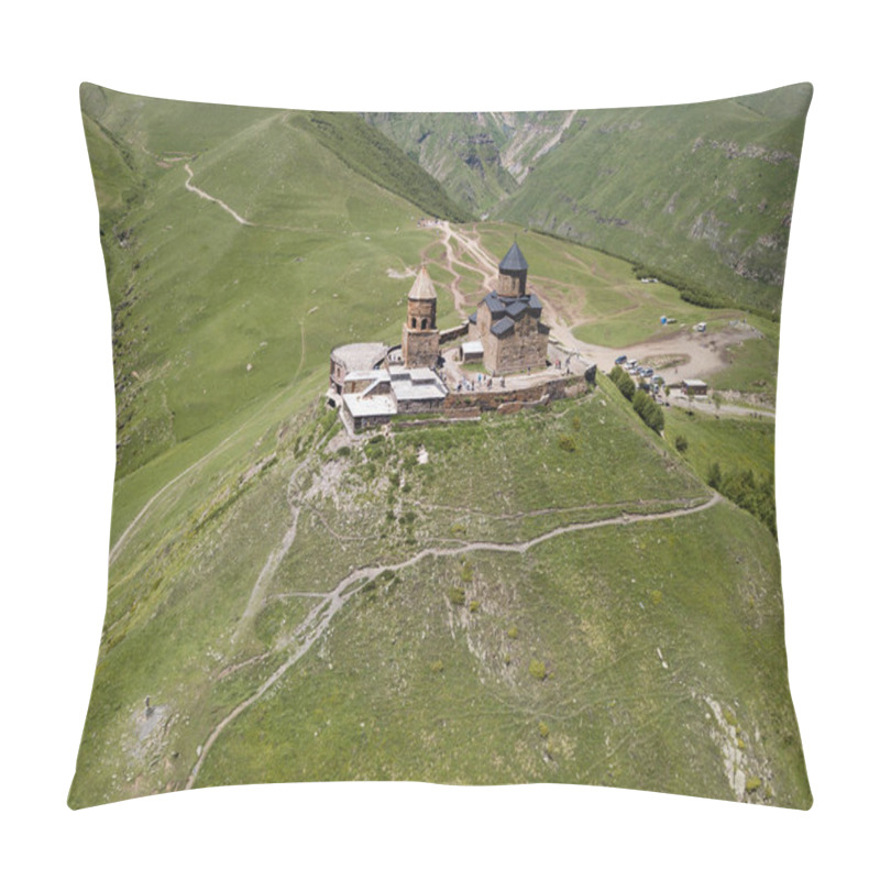 Personality  Aerial View To Gergeti Trinity Church Or Tsminda Sameba, Holy Trinity Church Near The Village Of Gergeti In Georgia, Under Mount Kazbegi Pillow Covers