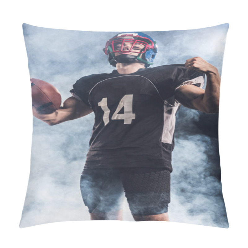 Personality  Bottom View Of American Football Player With Ball Raisin Fist Against White Smoke Pillow Covers