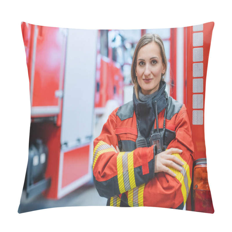 Personality  Fire Fighter Woman Standing In Front Of A Fire Truck Pillow Covers