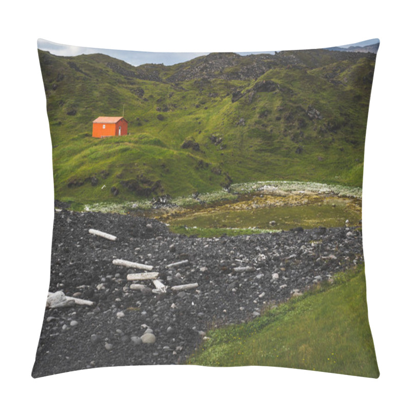 Personality  Northern Landscape With Lone Red House In Green Mountains, Iceland Pillow Covers