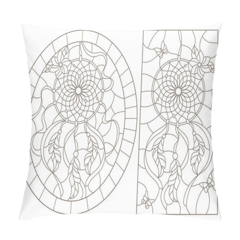 Personality  Set Of Outline Illustrations Of Stained Glass Windows With Dream Catchers, Dark Outline On White Background Pillow Covers