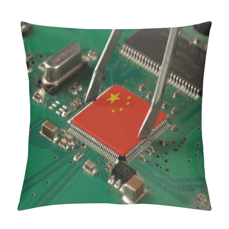 Personality  Flag Of China On A Processor, CPU Central Processing Unit Or GPU Microchip On A Motherboard. China Is World's Largest Chip Manufacturer, Demonstrating The Country's Superiority In Global Supply Chain. Pillow Covers