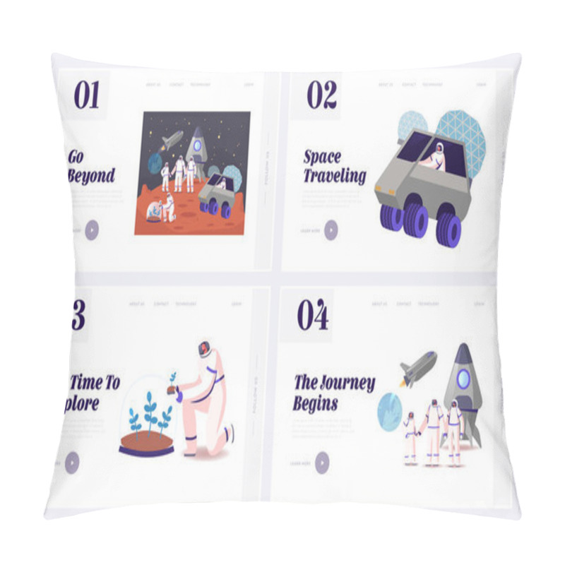 Personality  Mars Colonization And Cosmos Exploration Landing Page Template Set. Astronauts Family Characters In Space Suits Near Rocket, Planting Green Sprout Under Glass Dome. Cartoon People Vector Illustration Pillow Covers