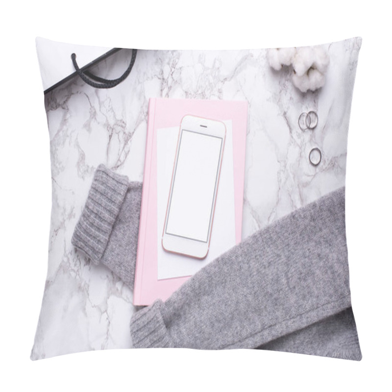 Personality  Women Business Day With Mobile Phone And Pink Notebook On Marble Table Top View Pillow Covers