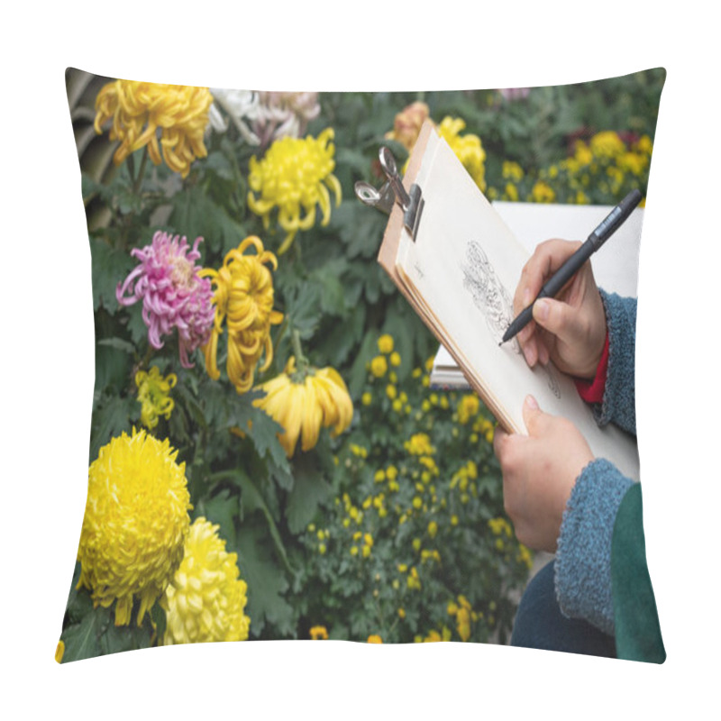 Personality  Woman Drawing Chrysanthemum Flower In Chengdu Peoples Park Pillow Covers