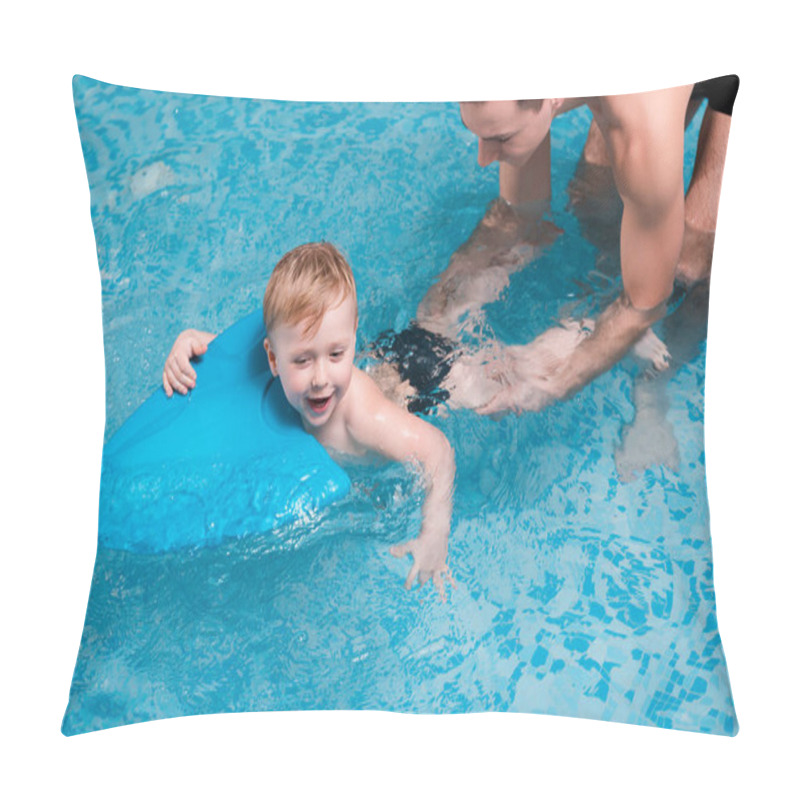 Personality  Excited Toddler Boy Swimming With Flutter Board Near Swim Coach  Pillow Covers