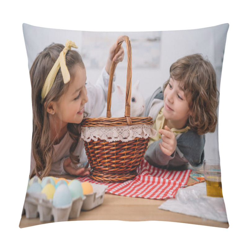 Personality  Happy Little Kids Playing With Cute Rabbit In Basket On Table With Easter Eggs Pillow Covers