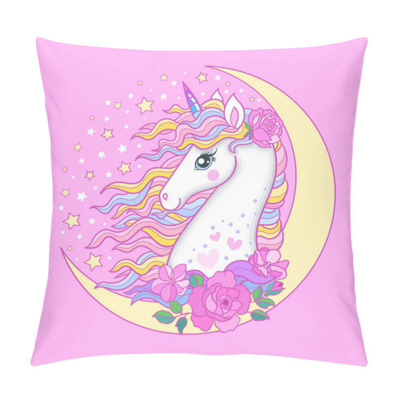 Personality  Composition With A Crescent Moon, White Unicorn And Flowers On A Pink Background. Vector Illustration. Pillow Covers