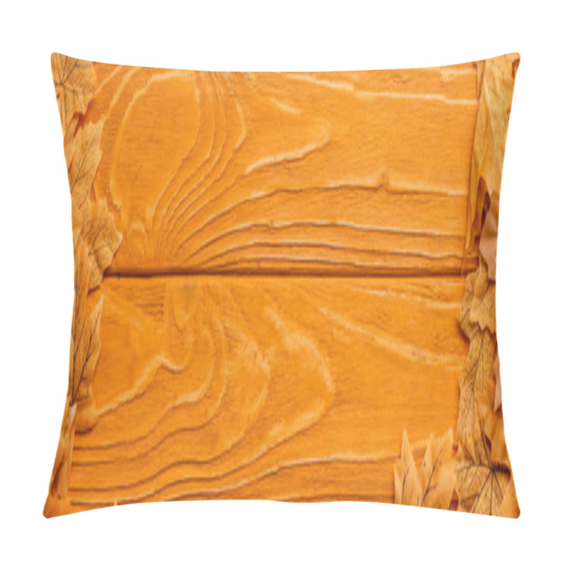 Personality  Top View Of Autumnal Foliage Arranged In Frame On Wooden Background, Panoramic Shot Pillow Covers