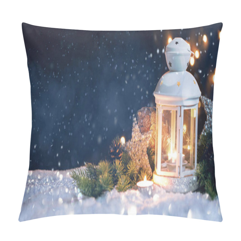 Personality  Christmas Lantern On Snow With Decorations. New Years Card Pillow Covers