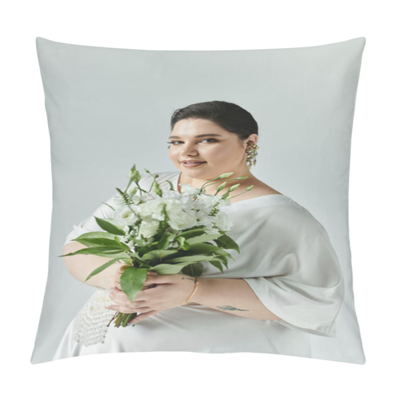 Personality  A Stunning Plus Size Bride Holds A Bouquet Of Fresh Flowers, Embodying Grace In A White Gown. Pillow Covers