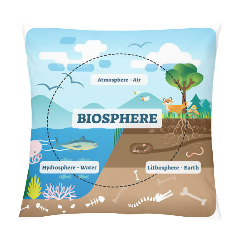 Personality  Biosphere Vector Illustration. Labeled All Natural Ecosystems With Wildlife Pillow Covers