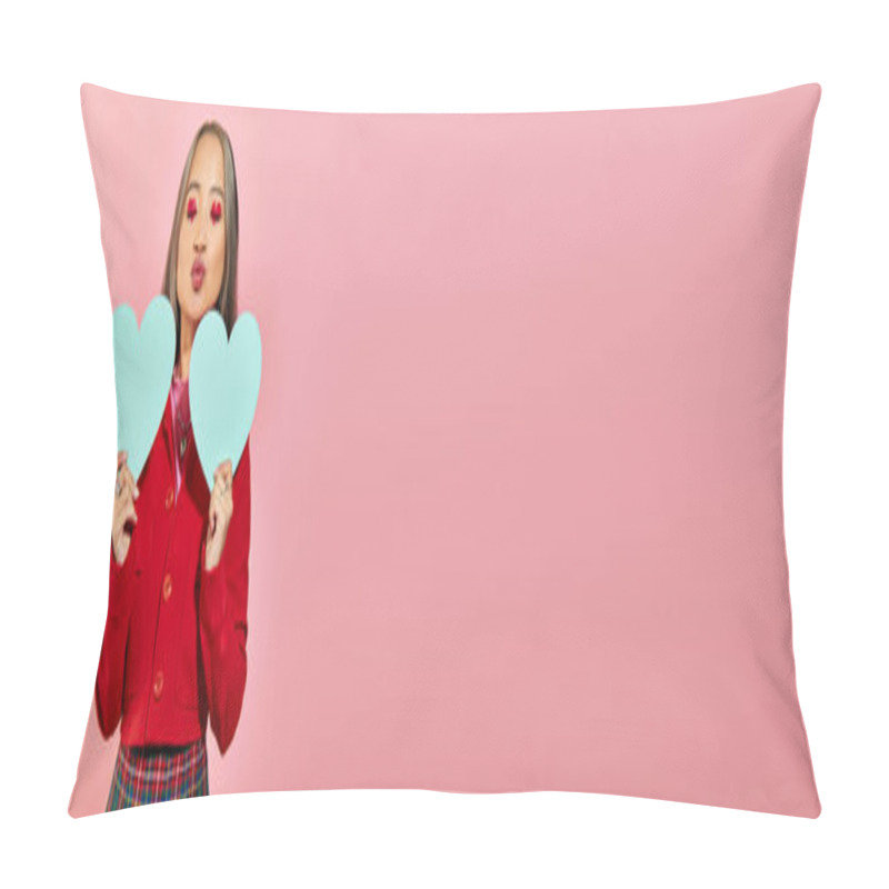 Personality  Valentines Day Banner, Asian Girl With Red Eye Makeup Holding Blue Carton Hearts On Pink, Kiss Pillow Covers