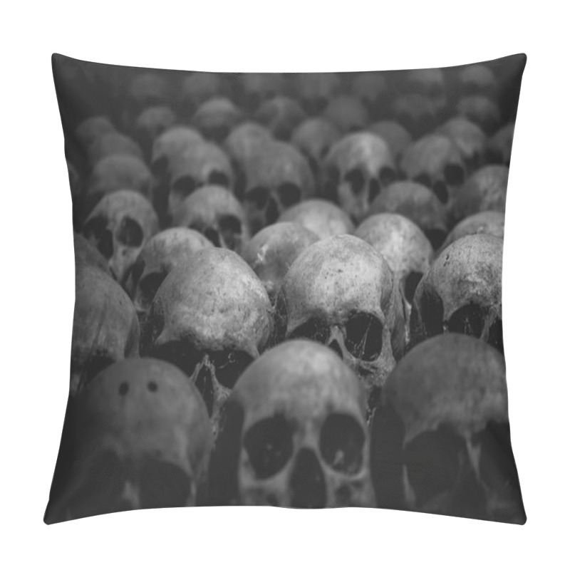 Personality  Collection Of Skulls Covered With Spider Web And Dust In The Catacombs. Rows Of Creepy Skulls In The Dark. Abstract Concept Symbolizing Death, Terror, And Evil. Pillow Covers