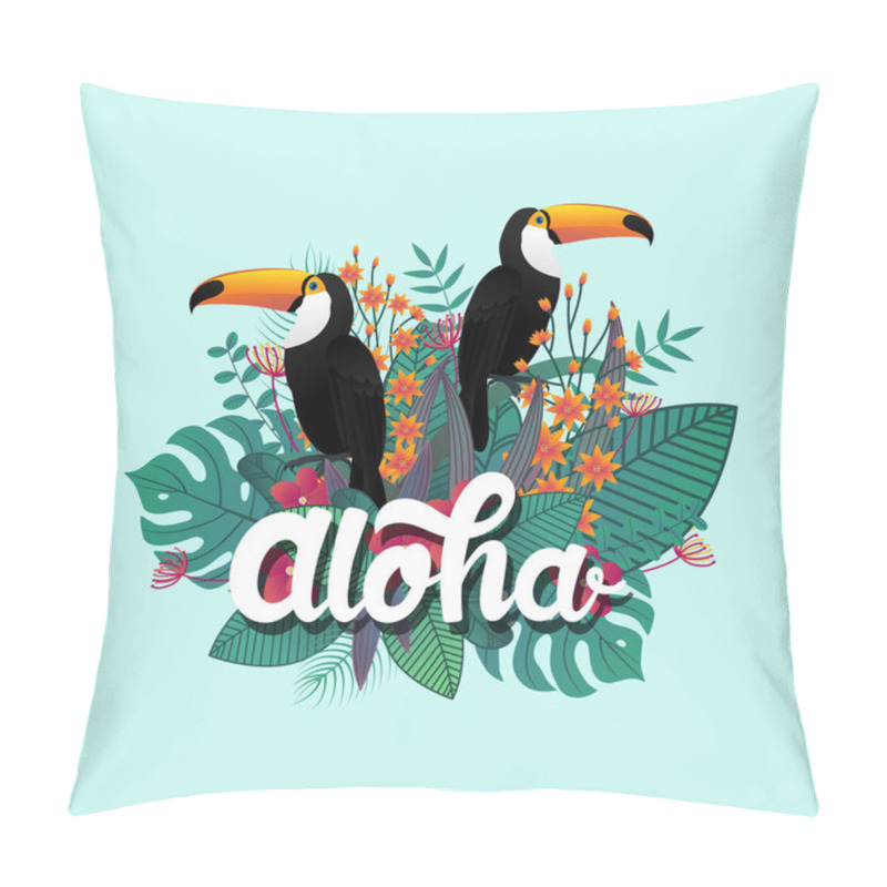 Personality  Tropical Banner Design Template. Tropical Leaf And Toucan Birds. Aloha Poster Template. Jungle Exotic Leaf And Flower On Bright Blue Background. Vector Illustration Pillow Covers