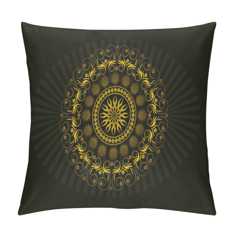 Personality  Round Frame Ornament Of Golden Calligraphically Swirling Lines With Flowers, Twigs And Leaves And Dotted Circles On Black Background  Pillow Covers