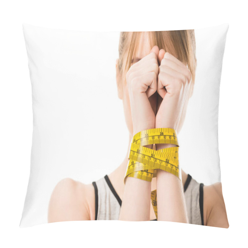 Personality  Woman Covering Face With Hands Tied In Measuring Tape Isolated On White Pillow Covers