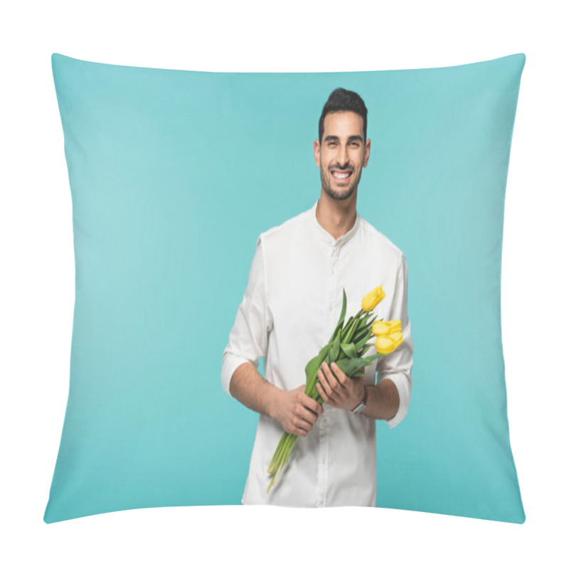 Personality  Positive Arabian Man Holding Tulip Flowers Isolated On Blue  Pillow Covers